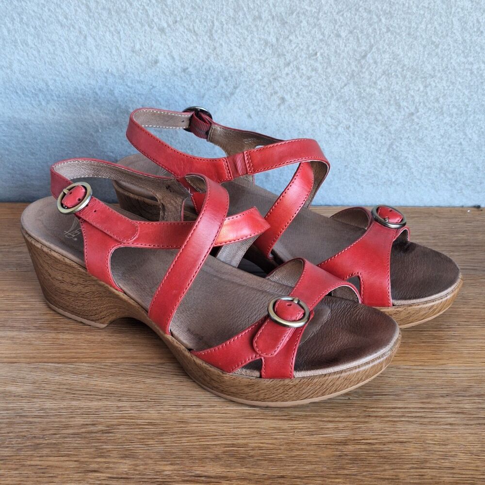 Dansko Julie Women’s US 10.5 EU 41 Red Leather Slingback Wood Heel Sandals Shoes